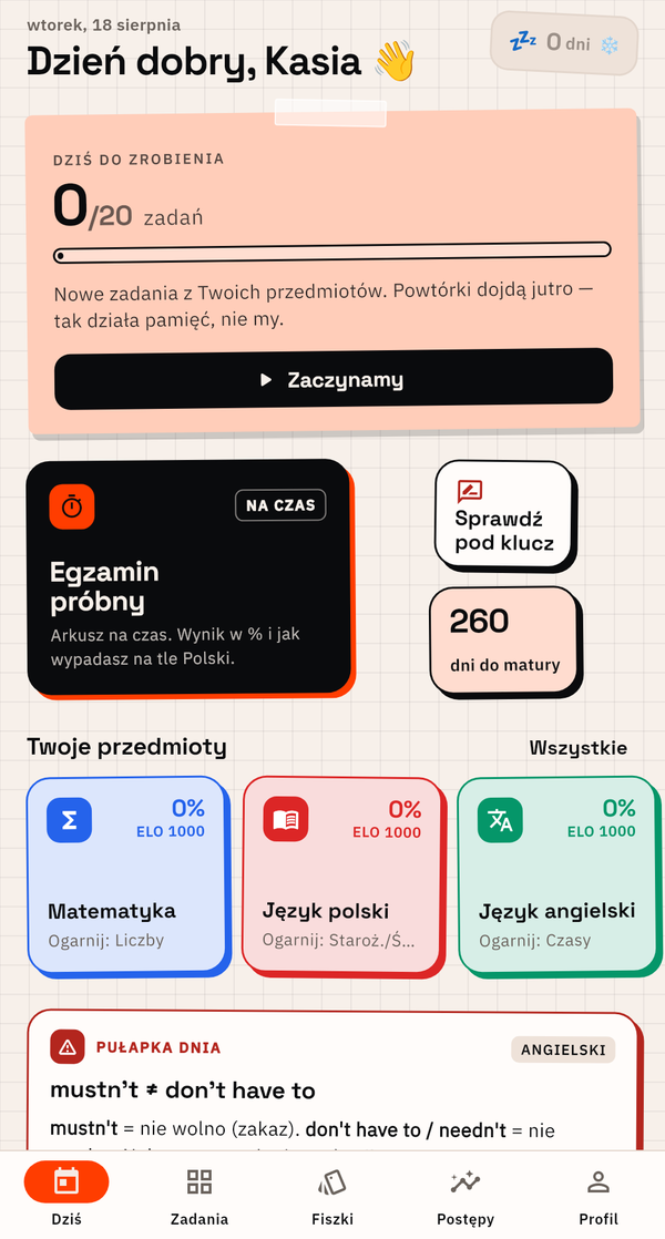 Ekran główny MaturaMaster: plan dnia, seria, egzamin próbny